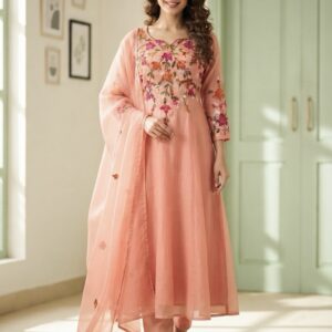 ✨ Peach Pure Benarasi Mul Chanderi Designer A-Line Suit ✨