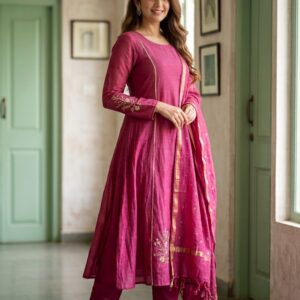 Brick Pink Pure Banarasi Mul Chanderi A-Line Three-Piece Suit
