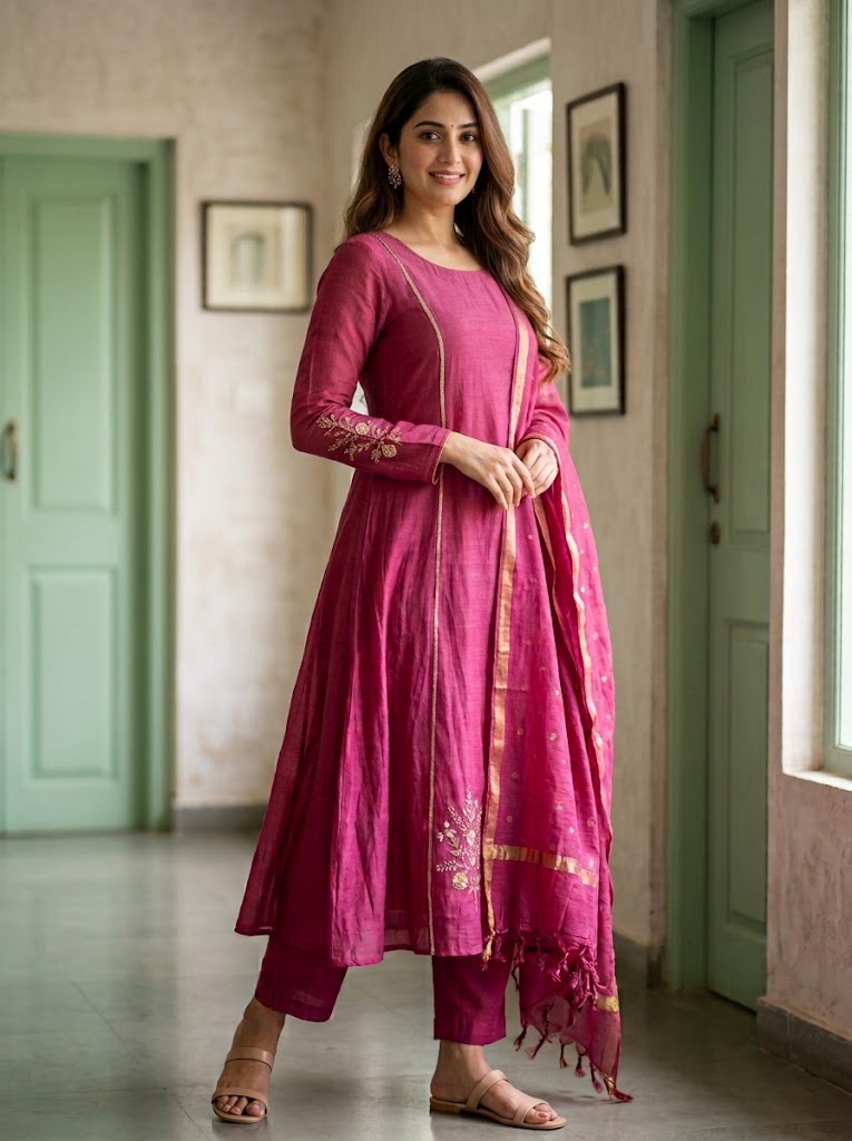 Brick Pink Pure Banarasi Mul Chanderi A-Line Three-Piece Suit