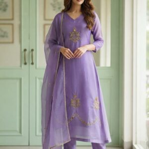 Lavender Royale — Hand-Embroidered Banarasi Mul Chanderi Set
