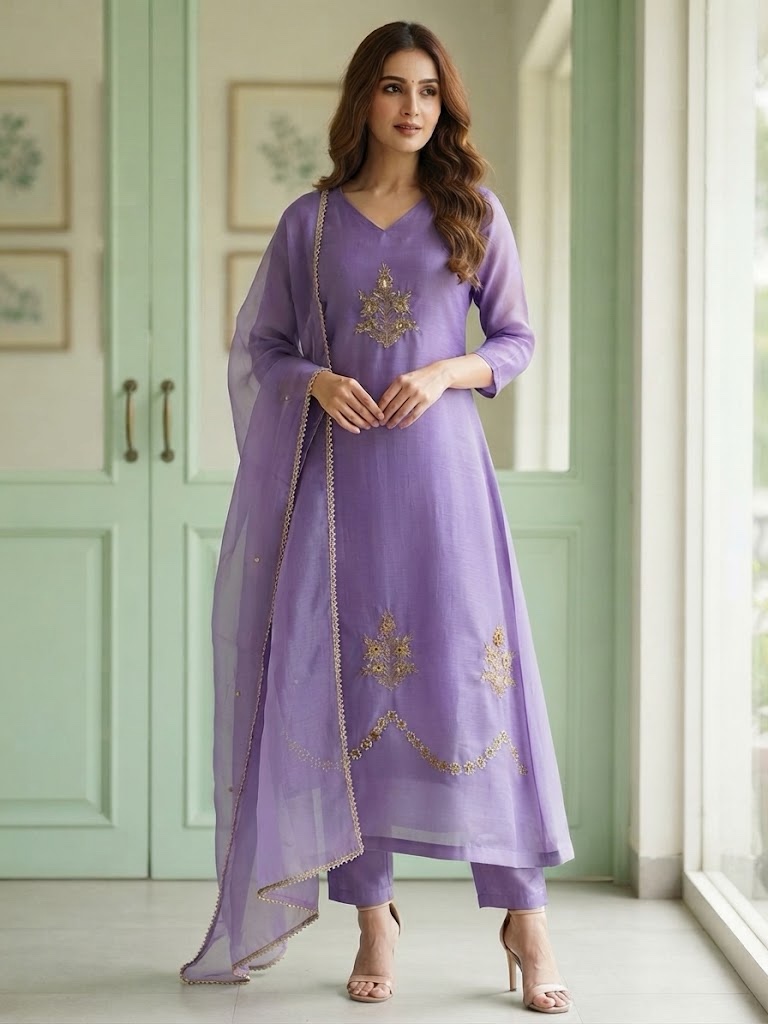 Lavender Royale — Hand-Embroidered Banarasi Mul Chanderi Set