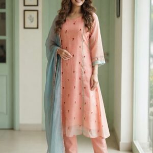 Peach & Blue Serenity — Designer Mul Kota Anarkali Set