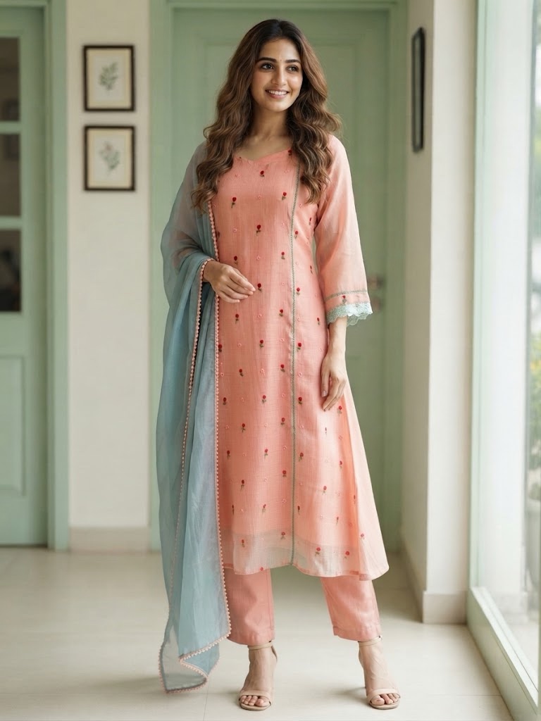 Peach & Blue Serenity — Designer Mul Kota Anarkali Set