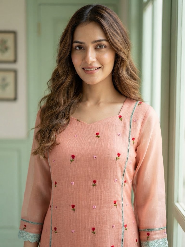 Peach & Blue Serenity — Designer Mul Kota Anarkali Set - Image 2