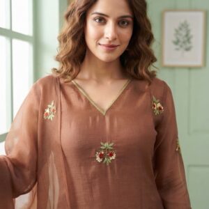 Banarasi Mul Chanderi Elegance β Light Brown A-Line Suit