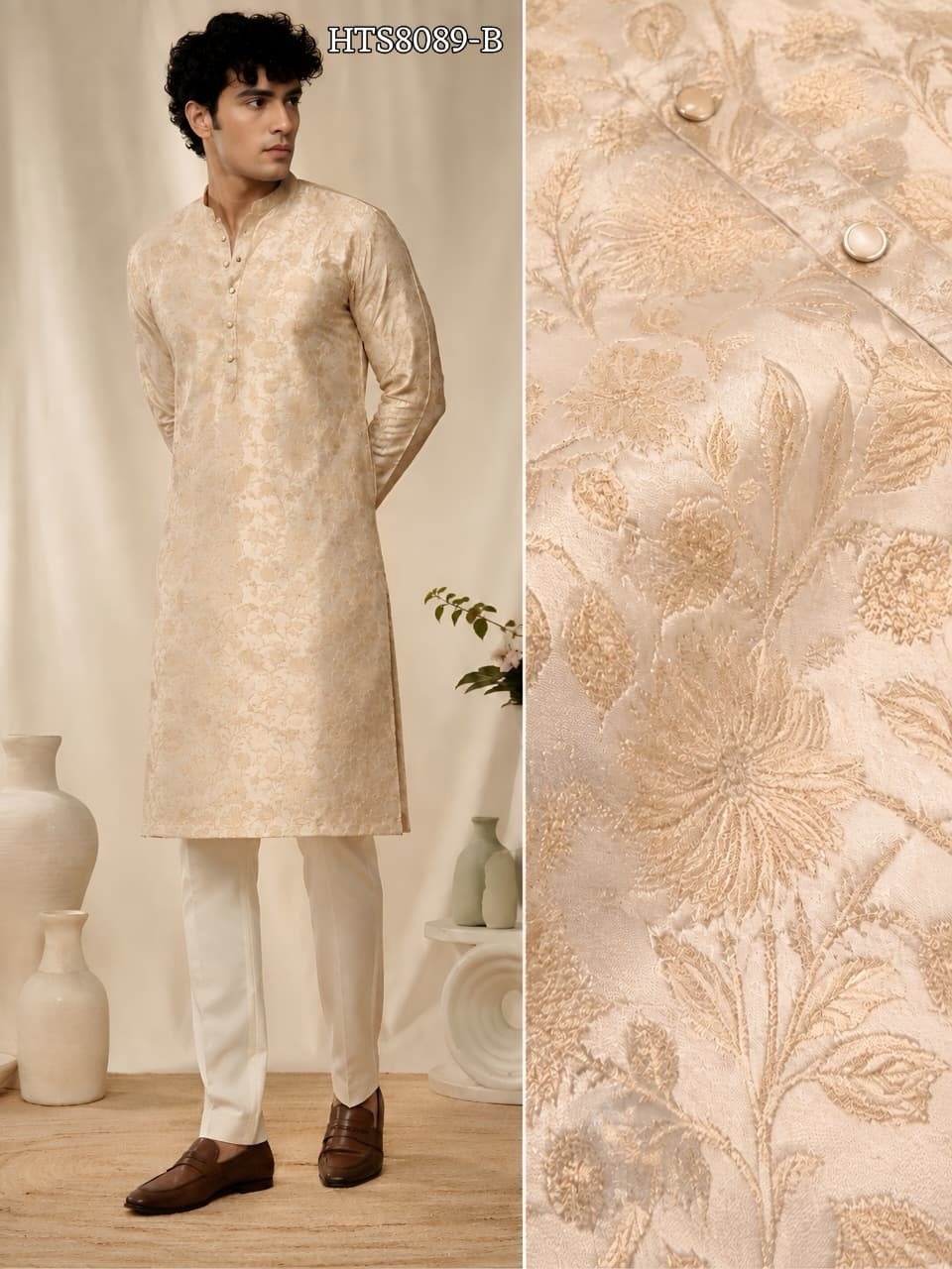 Beige Designer Silk Kurta Set with White Pajama