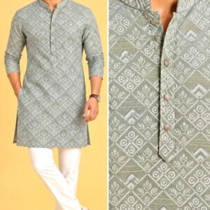 Olive Light Green Men’s Designer Silk Kurta Set with Pajama Pants