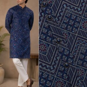 Navy Blue Designer Silk Kurta Set with Off-White Pajama