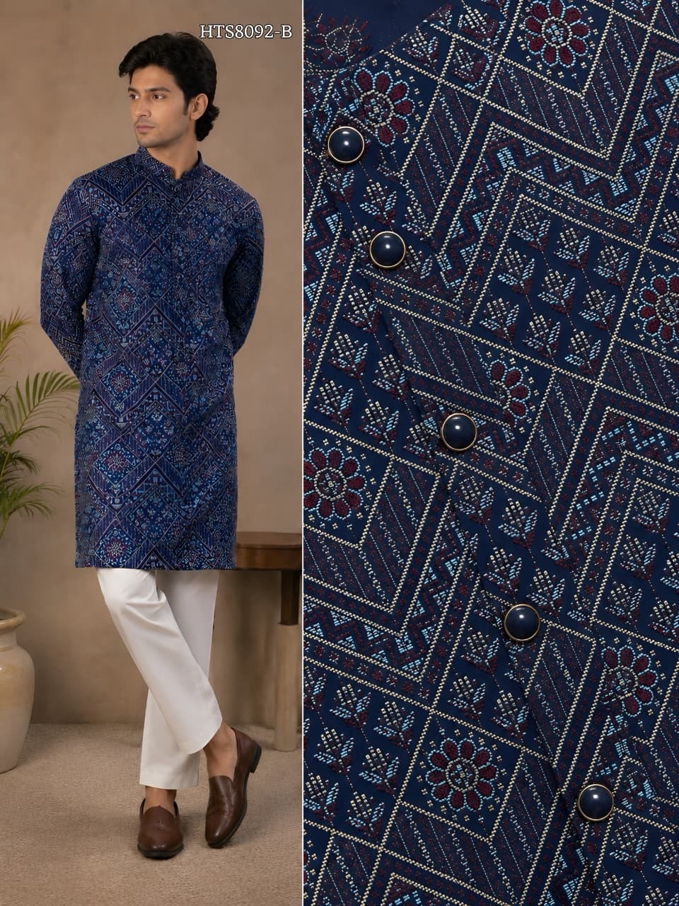 Navy Blue Designer Silk Kurta Set with Off-White Pajama