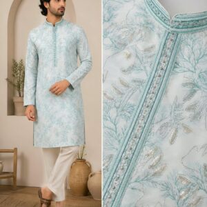 Greenish Blue & White Designer Kurta Set with Off-White Pajama