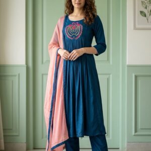 Pure Peacock Blue Chinnon Three-Piece Anarkali Designer Suit