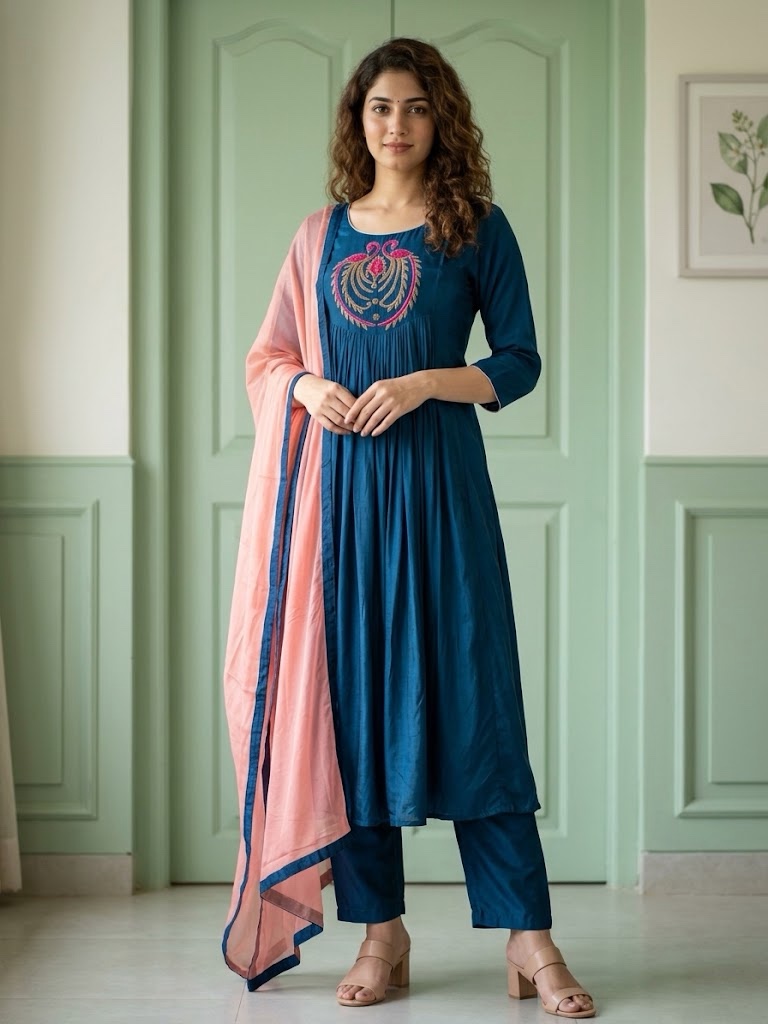 Pure Peacock Blue Chinnon Three-Piece Anarkali Designer Suit