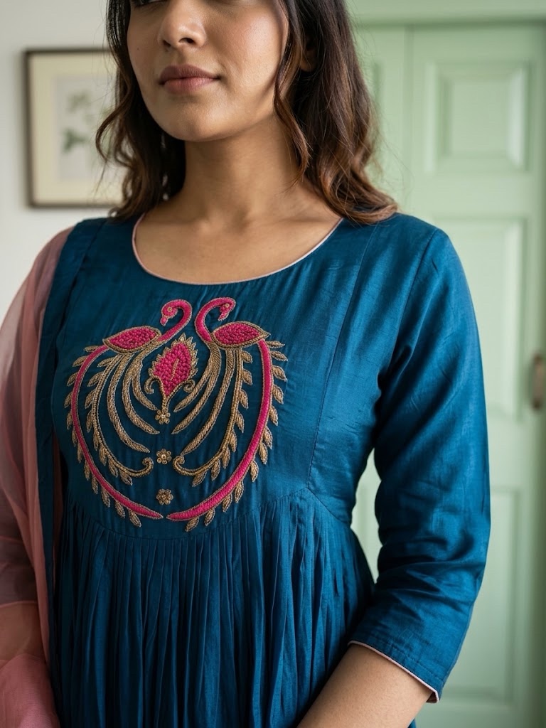 Pure Peacock Blue Chinnon Three-Piece Anarkali Designer Suit - Image 2