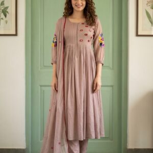 Beige Mul Kota Three-Piece Anarkali Designer Suit