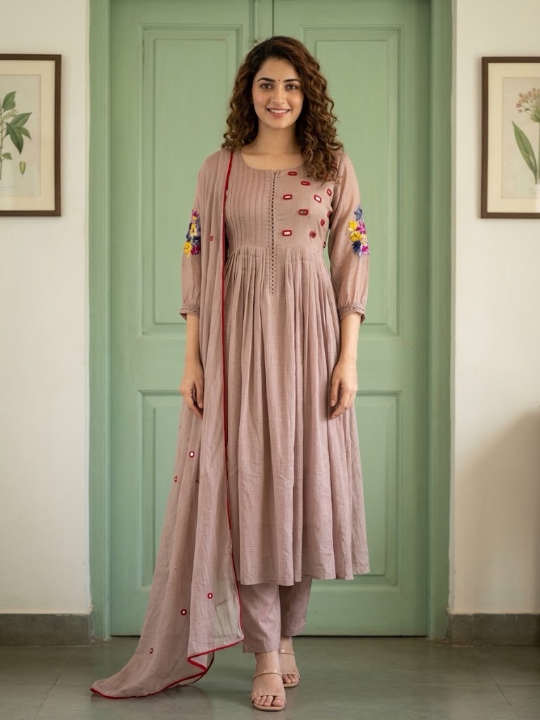 Beige Mul Kota Three-Piece Anarkali Designer Suit