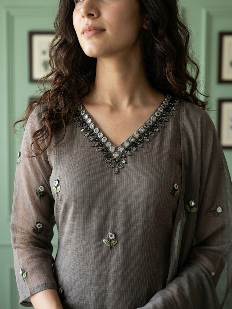 Grey Mul Kota Three-Piece A-Line Designer Suit - Image 2