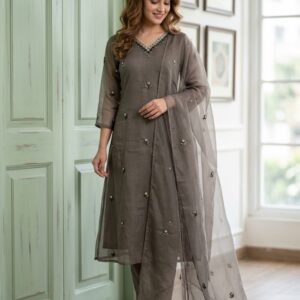 Grey Mul Kota Three-Piece A-Line Designer Suit
