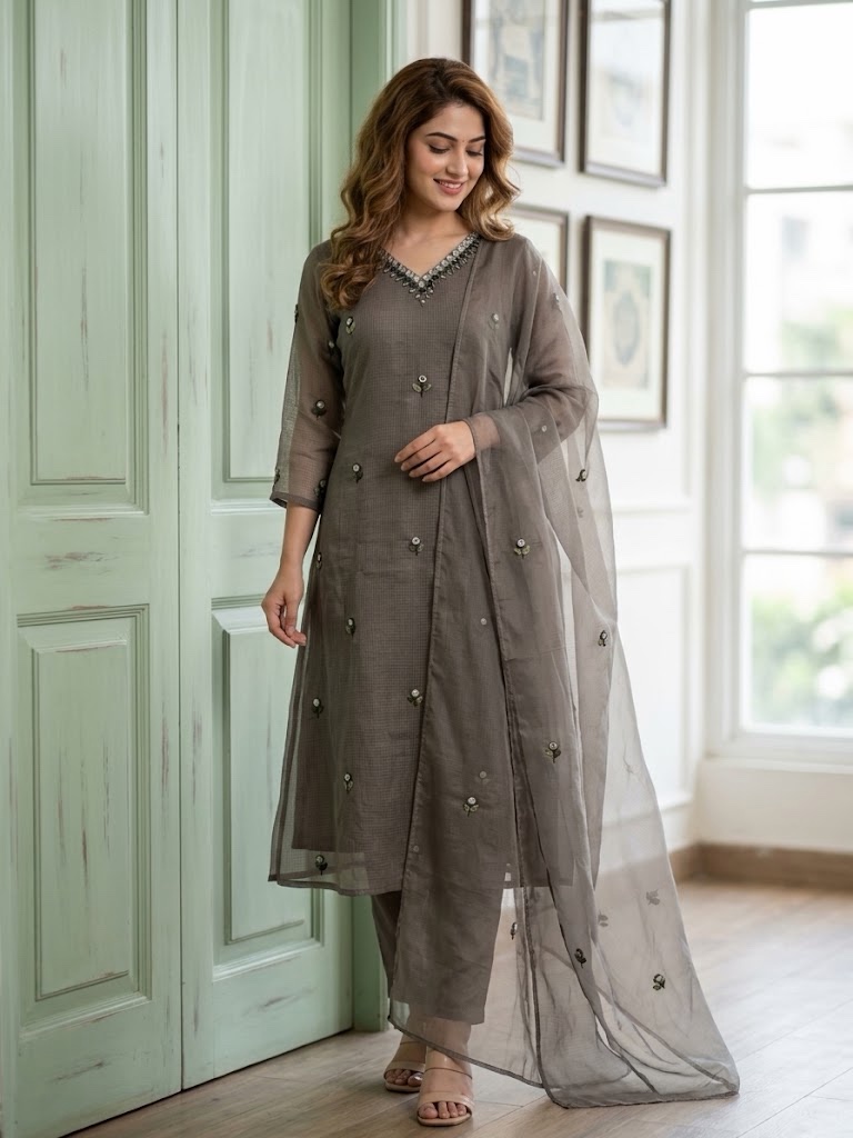Grey Mul Kota Three-Piece A-Line Designer Suit