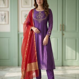 Violet & Red Pure Benarasi Mul Chanderi Three-Piece A-Line Suit