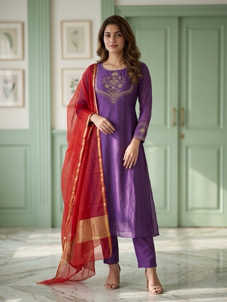 Violet & Red Pure Benarasi Mul Chanderi Three-Piece A-Line Suit