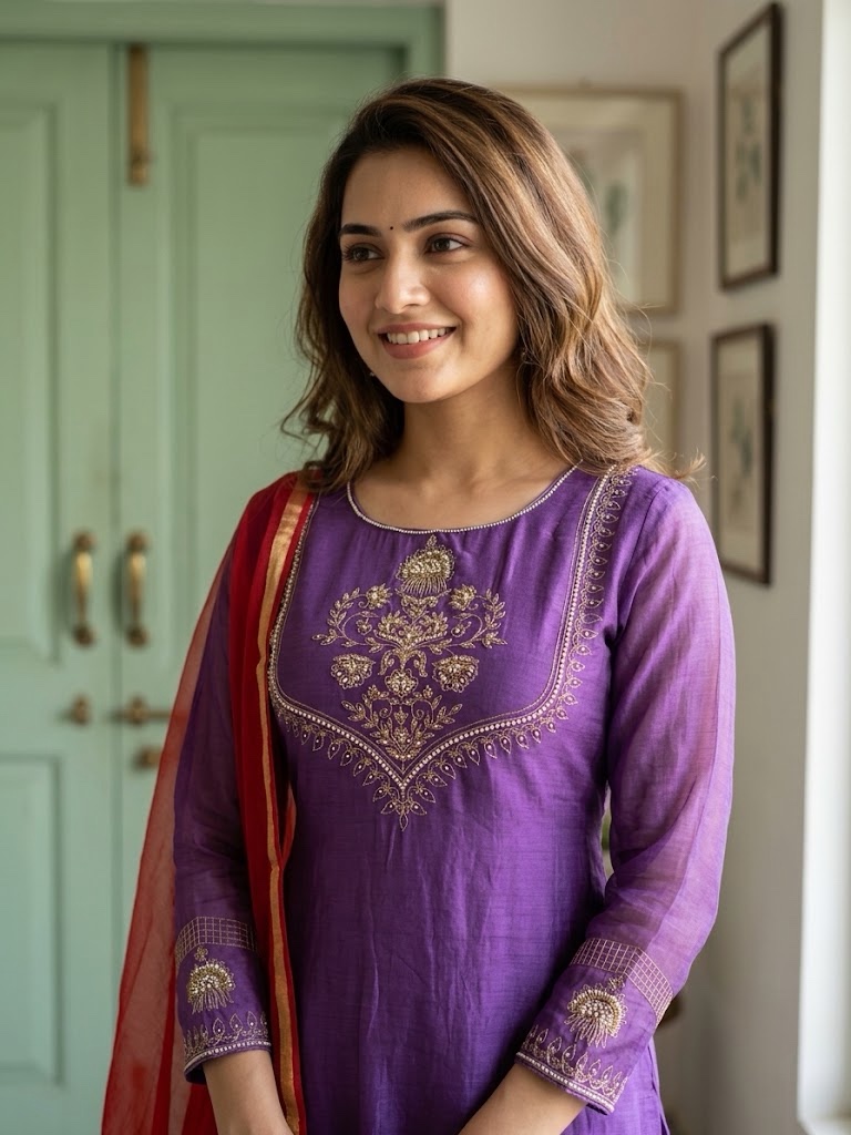 Violet & Red Pure Benarasi Mul Chanderi Three-Piece A-Line Suit - Image 2