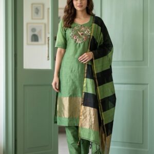 Green & Black Benarasi Jamdani Three-Piece Straight-Cut Suit