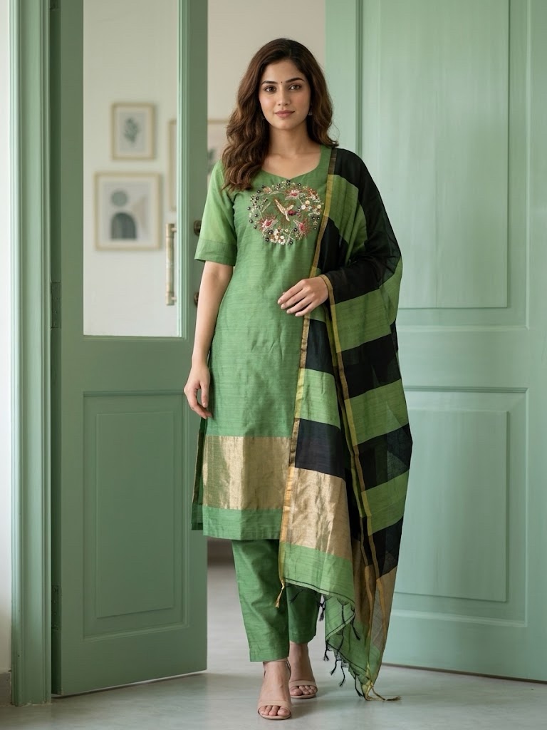 Green & Black Benarasi Jamdani Three-Piece Straight-Cut Suit