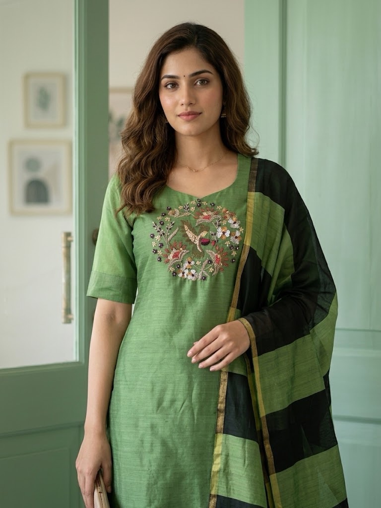 Green & Black Benarasi Jamdani Three-Piece Straight-Cut Suit - Image 2