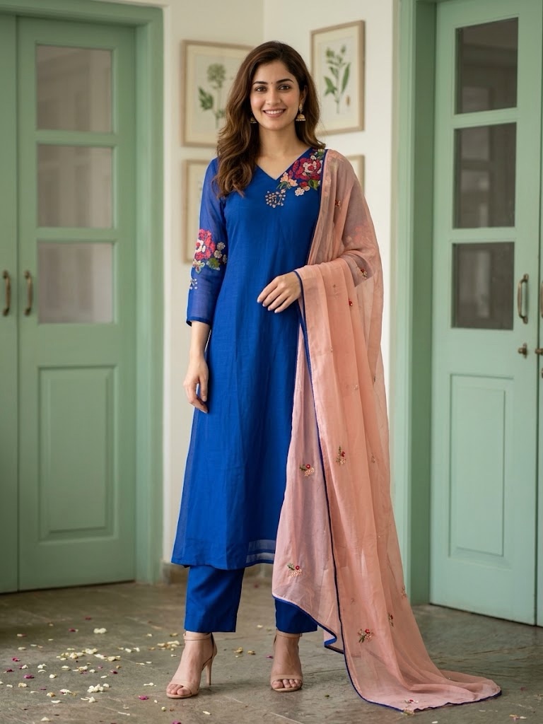 Royal Blue Three-Piece Premium Designer A-Line Suit with bead Embroidery - Image 2