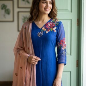 Royal Blue Three-Piece Premium Designer A-Line Suit with bead Embroidery