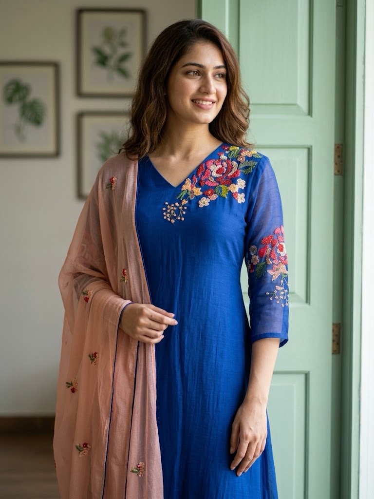 Royal Blue Three-Piece Premium Designer A-Line Suit with bead Embroidery