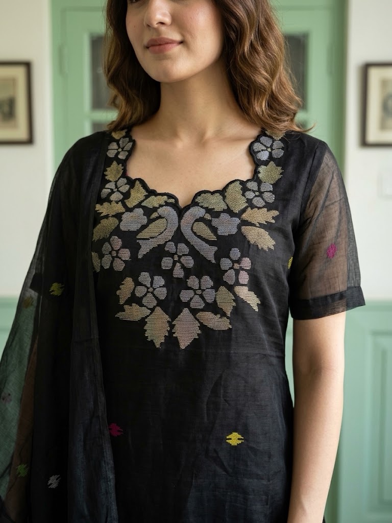 Black Muslin Jamdani Three-Piece Straight-Cut Designer Suit – Premium Collection - Image 3