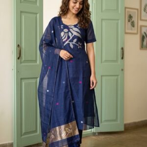 Blue Muslin Jamdani Three-Piece Straight-Cut Designer Suit β Premium Collection