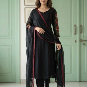 Black Pure Mul Chanderi Benarasi A-Line Three-Piece Suit