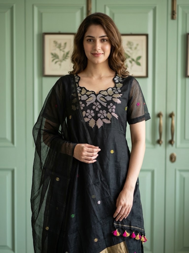 Black Muslin Jamdani Three-Piece Straight-Cut Designer Suit – Premium Collection - Image 2