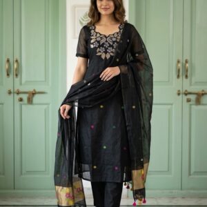 Black Muslin Jamdani Three-Piece Straight-Cut Designer Suit β Premium Collection