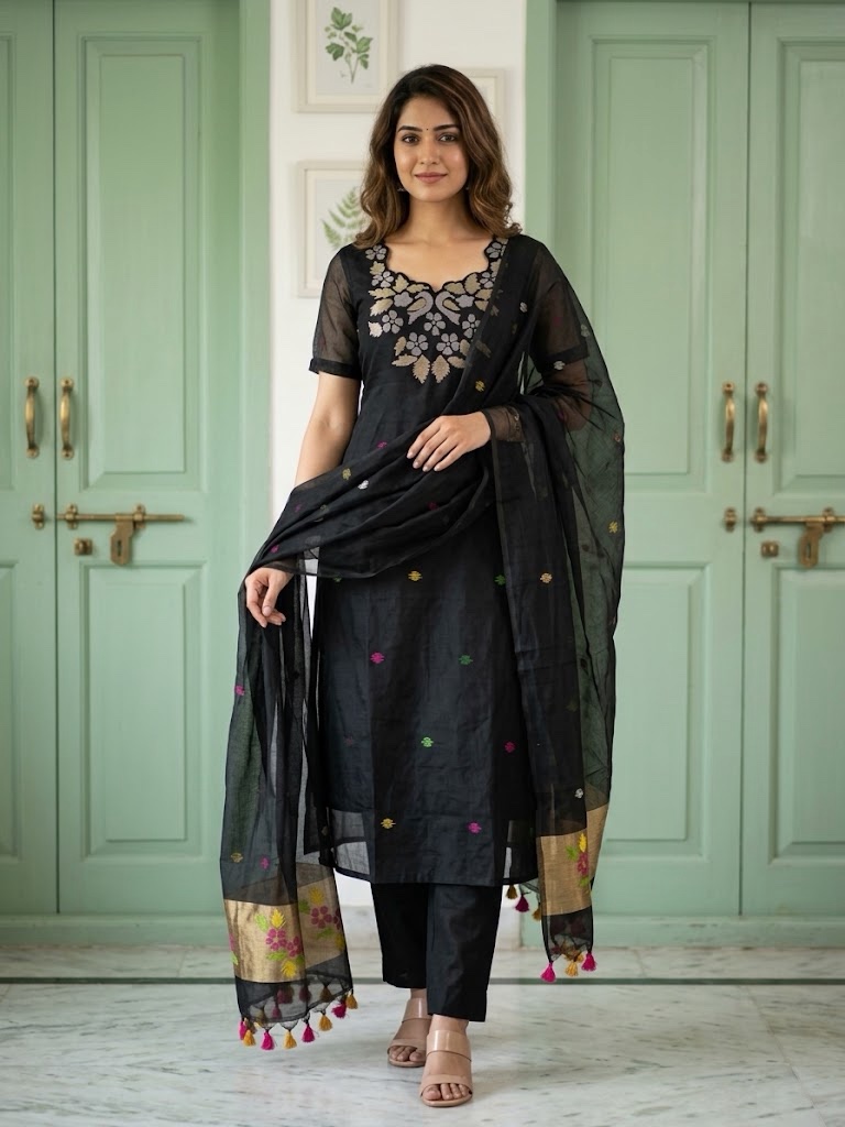 Black Muslin Jamdani Three-Piece Straight-Cut Designer Suit – Premium Collection