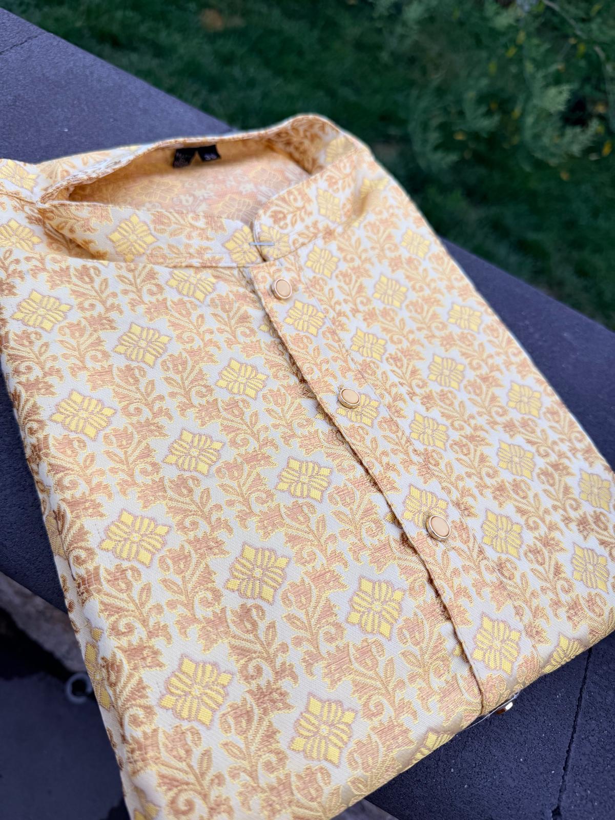 Bright Gold tone Men’s Designer Silk Kurta with Pajama Pants