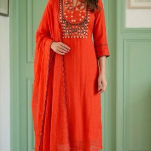 Bright Orange Pure Benarasi Mul Chanderi Three-Piece A-Line Suit