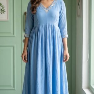 Pure Mul Kota Blue Hand-Embroidered Frock