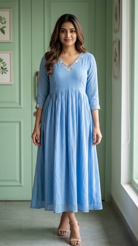 Pure Mul Kota Blue Hand-Embroidered Frock