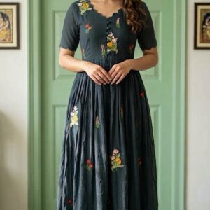 Beautiful Grey Pure Mul Kota Thread Butti Frock