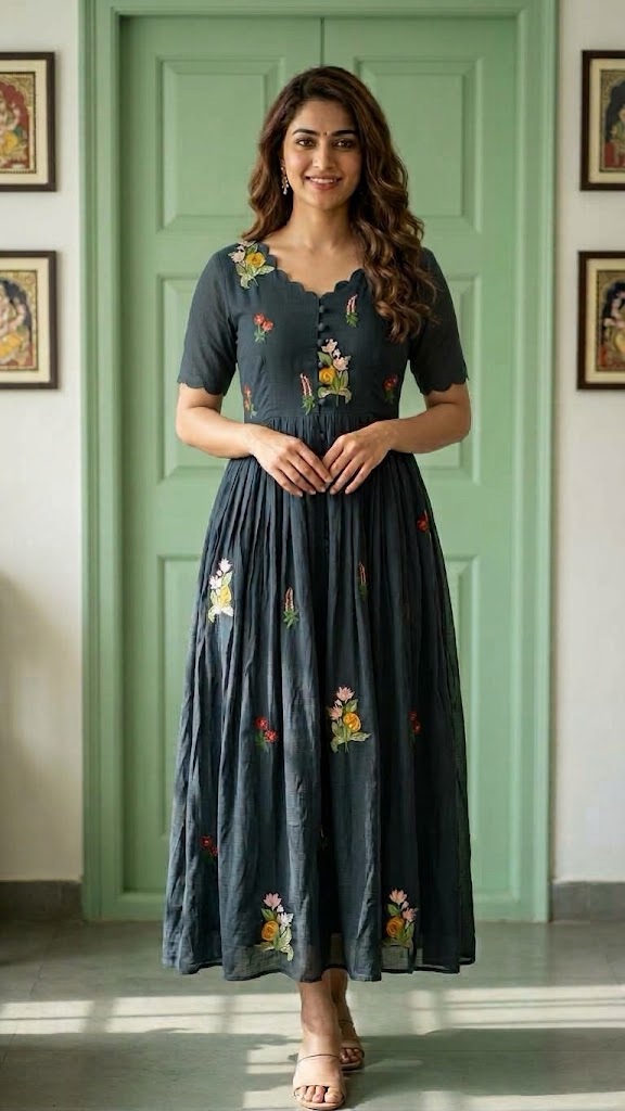 Beautiful Grey Pure Mul Kota Thread Butti Frock