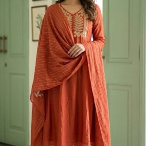 Rust Orange Pure Mul Chanderi A-Line Three-Piece Suit