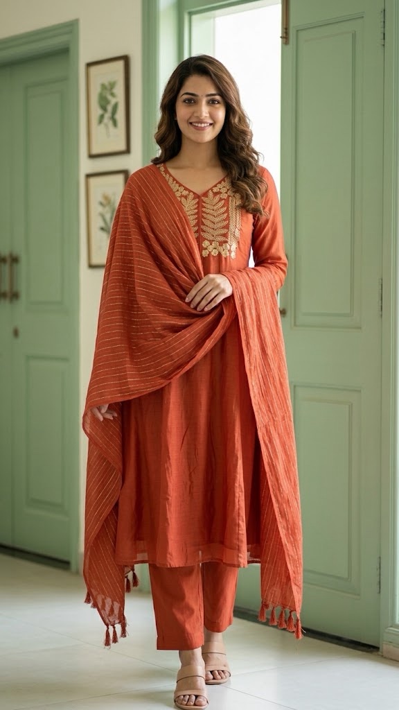 Rust Orange Pure Mul Chanderi A-Line Three-Piece Suit
