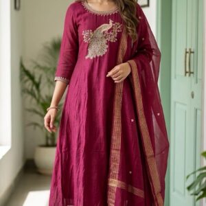 💗✨ Ruby Pink Pure Banarasi Mul Chanderi A-Line Suit ✨💗