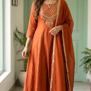 π§‘β¨ Rust Orange Pure Banarasi Mul Chanderi A-Line Suit β¨π§‘