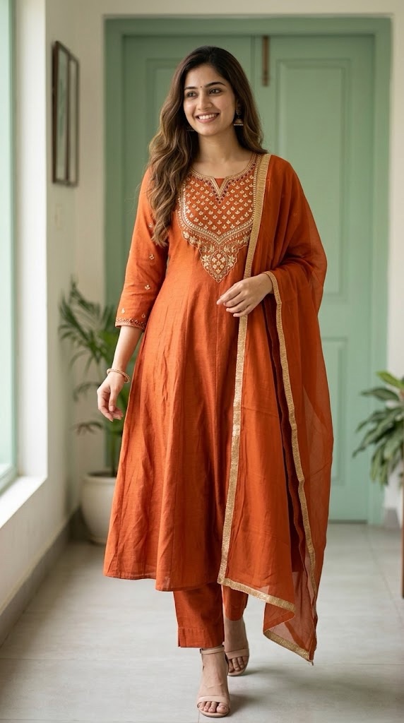 π§‘β¨ Rust Orange Pure Banarasi Mul Chanderi A-Line Suit β¨π§‘