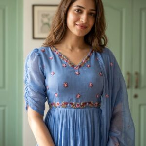💙 Indigo Blue Mul Kota 3-Piece Anarkali Suit 💙