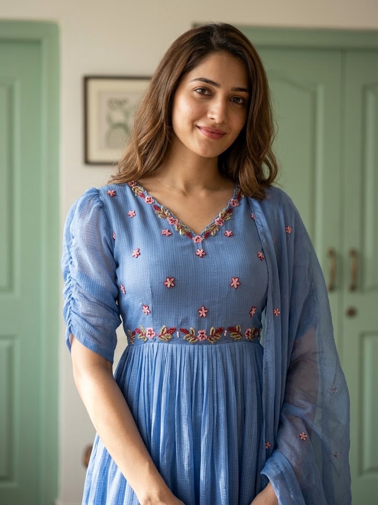 π Indigo Blue Mul Kota 3-Piece Anarkali Suit π